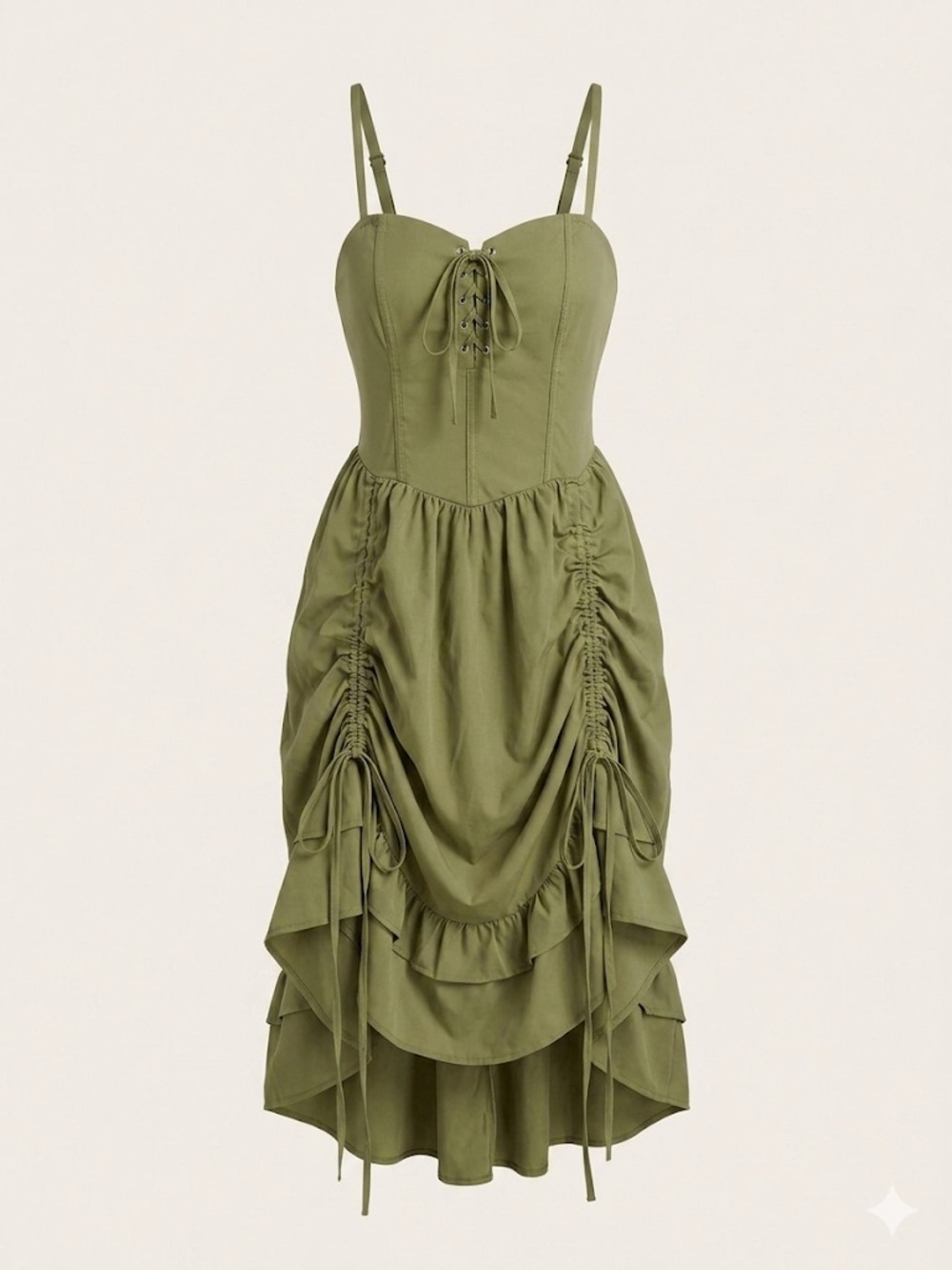 Scarlet Darkness Olive Green Corset Ruched Midi Dress – Size Medium